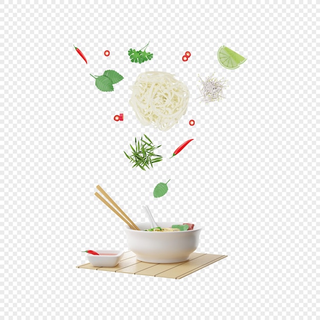 PSD sopa pho bo vietnamita en un tazón con ingredientes que caen aislados ilustración 3d