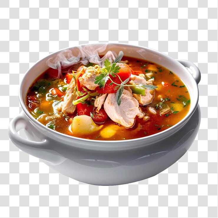Sopa de pollo con pedazos de pollo tiernos, verduras y hierbas en un fondo transparente