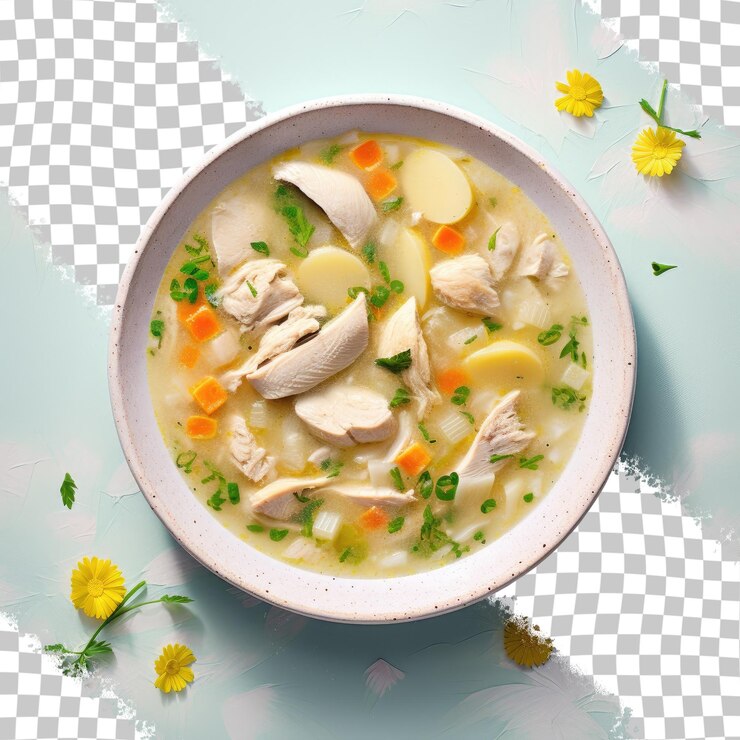 PSD sopa de pollo en un tazón blanco casero de fondo transparente