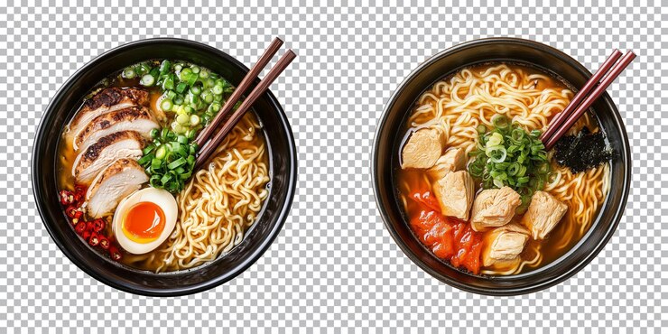 PSD sopa de ramen de pollo en un cuenco con palillos en un recorte de fondo transparente vista superior png