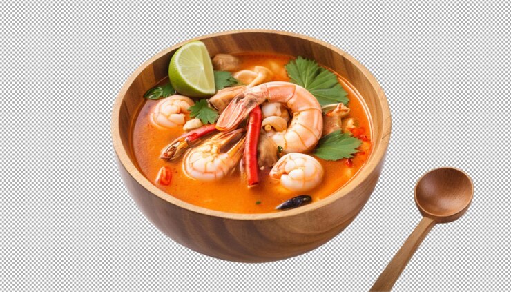 PSD sopa de tom yum en un cuenco de madera sabores picantes hierbas aromáticas