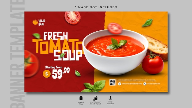 Sopa de tomate fresca servida en un tazón plantilla de banner horizontal