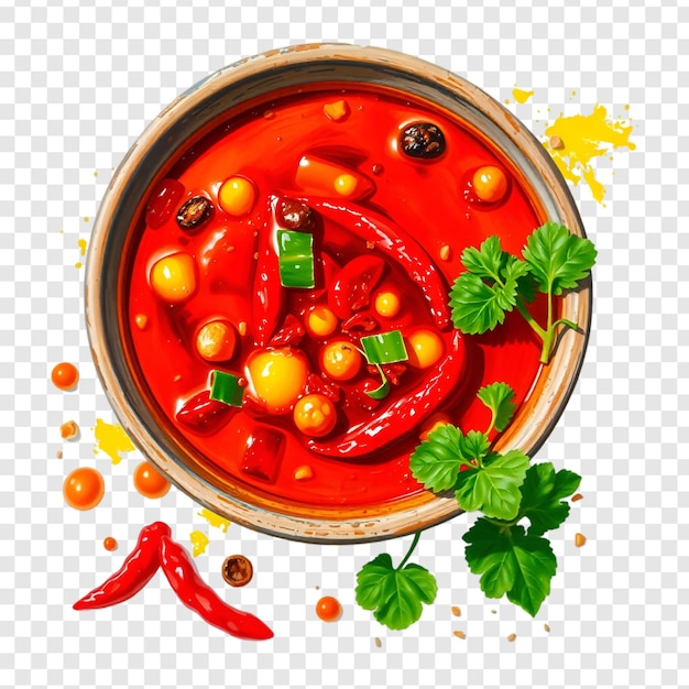 Sopa de tomate picante aislada sobre un fondo transparente
