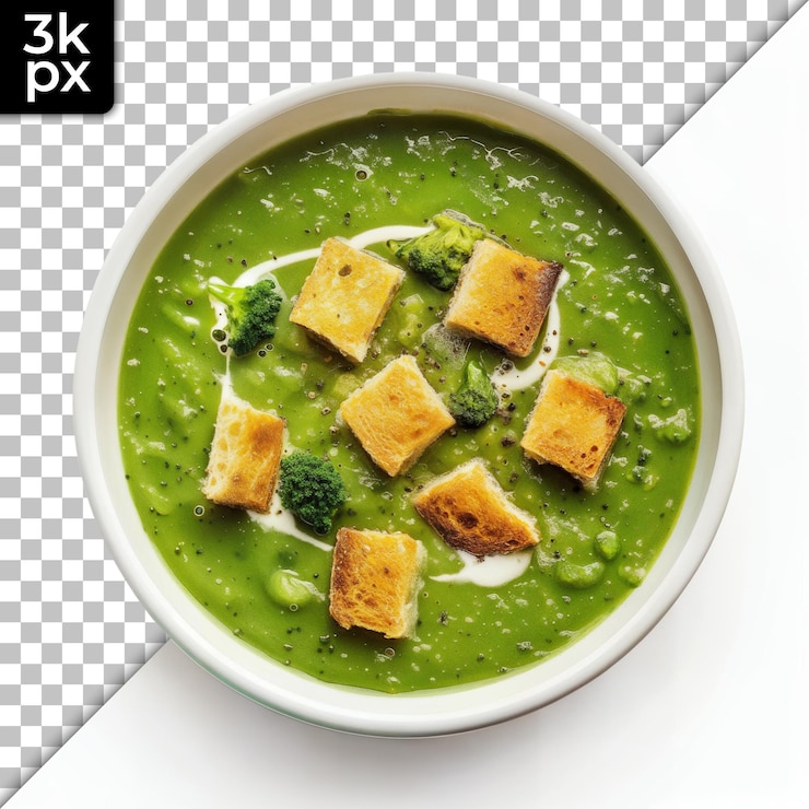 PSD sopa verde cremosa sobre un fondo transparente