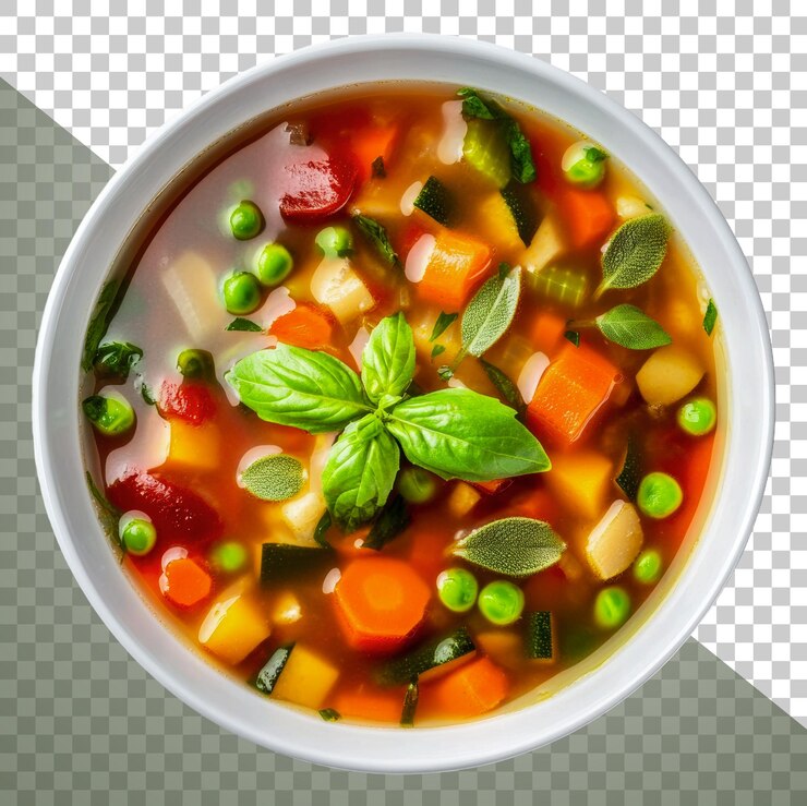 PSD sopa de verduras de colores en un cuenco blanco