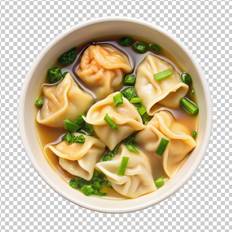 PSD sopa de wonton en un cuenco en la vista superior aislada en un fondo transparente