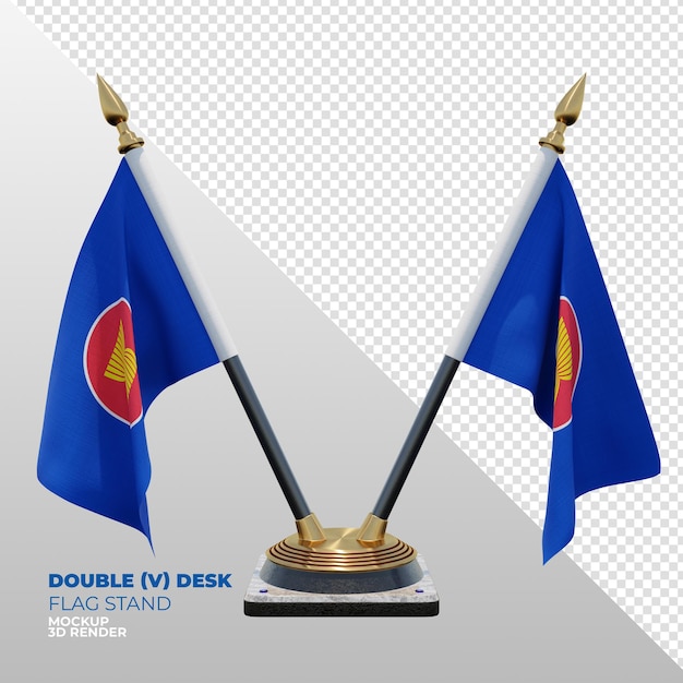 Soporte de bandera de escritorio doble con textura 3d realista de la asociación de naciones del sudeste asiático para composición