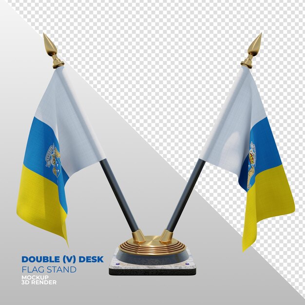 Soporte de bandera de escritorio doble con textura 3d realista de las Islas Canarias para composición