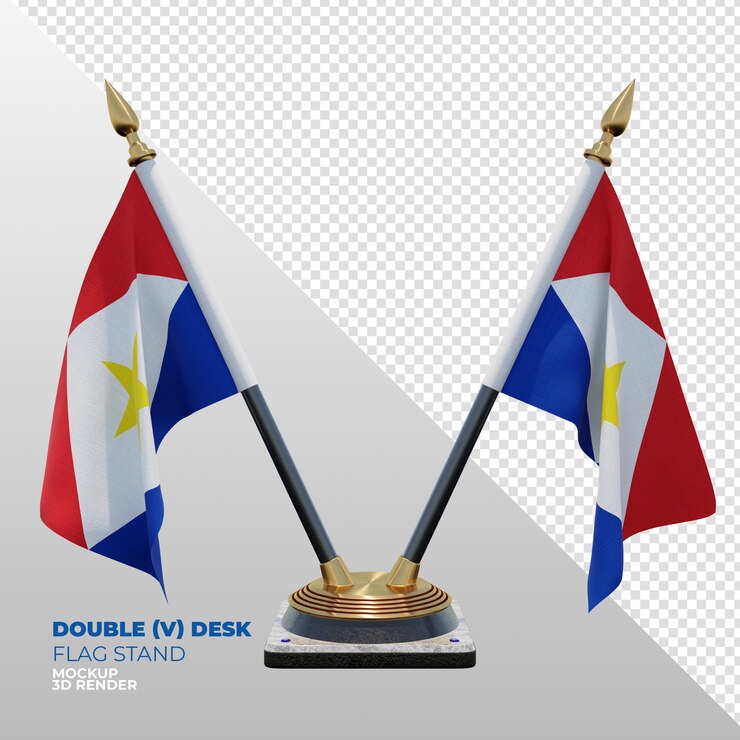 PSD soporte de bandera de escritorio doble con textura 3d realista de saba para composición