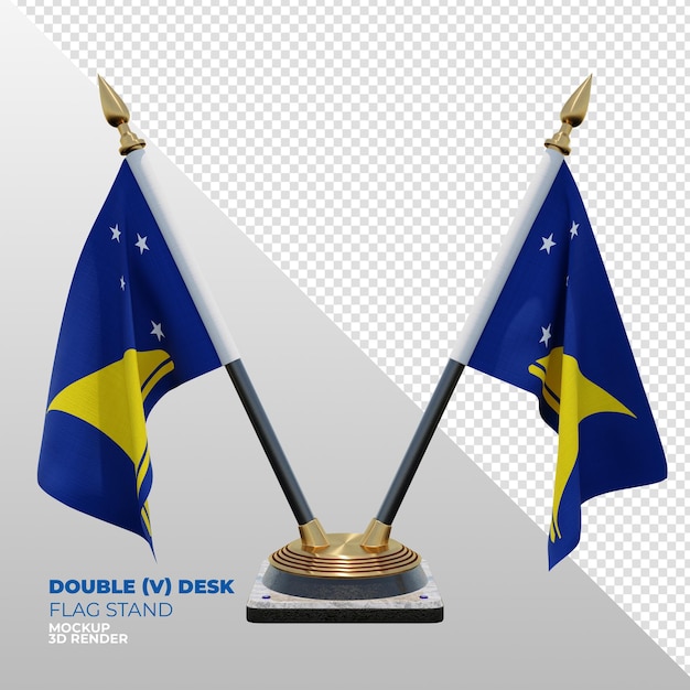 PSD soporte de bandera de escritorio doble con textura 3d realista de tokelau para composición