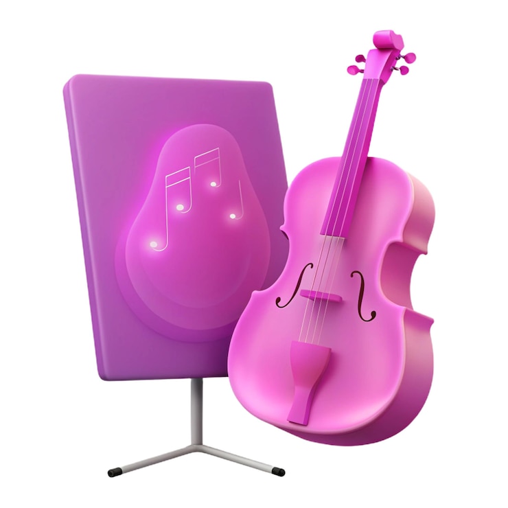 PSD un soporte de música rosa y púrpura al lado de un violonchelo rosa y pórpura