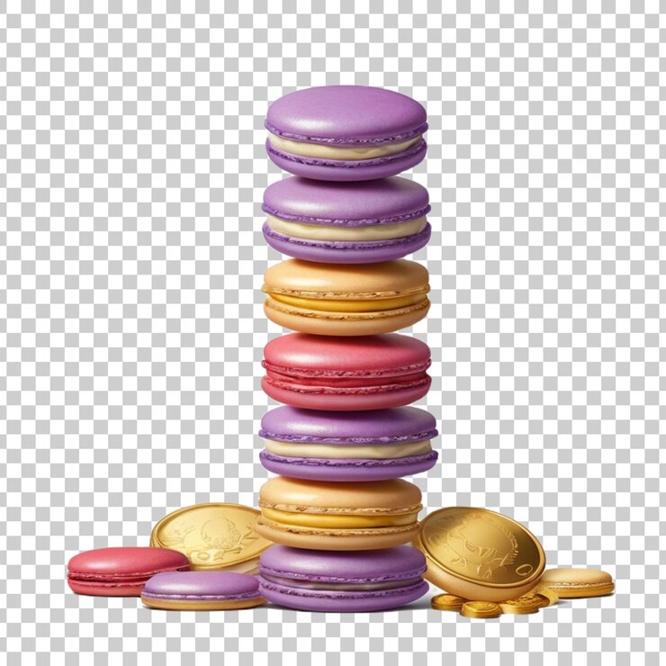 PSD un soporte de pastel púrpura con monedas de oro y galletas de hielo púrpura en él