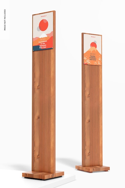 PSD soportes de madera con maqueta de póster a4, vista de ángulo bajo