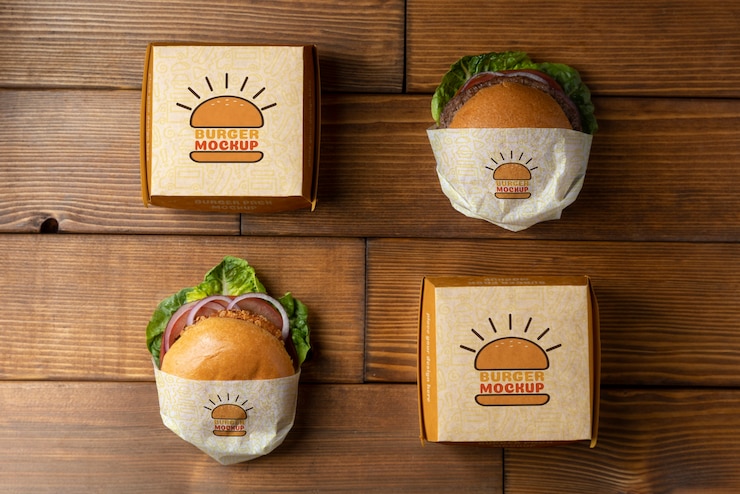 PSD sopra la disposizione degli hamburger e delle scatole