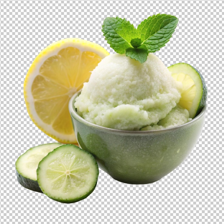 PSD sorbete saludable de pepino y limón aislado sobre un fondo transparente