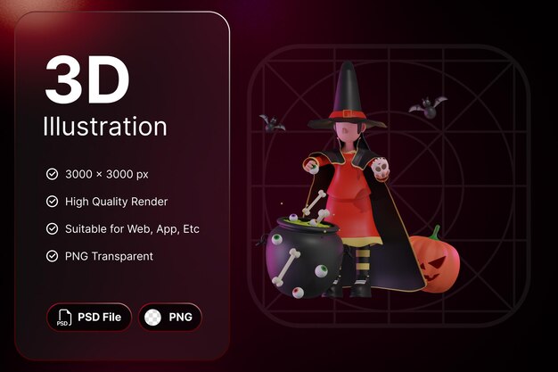 Sorcière De Rendu 3d Avec Chaudron Objet Halloween Day Concept Design Moderne