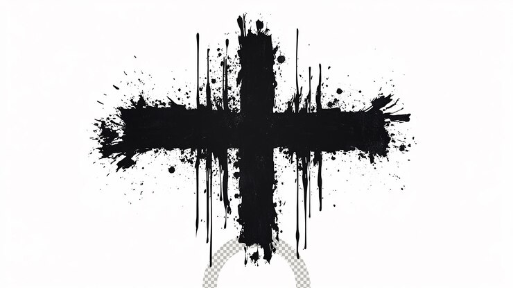 PSD sorprendente diseño de cruz de tinta negra con efectos de salpicaduras en un fondo claro