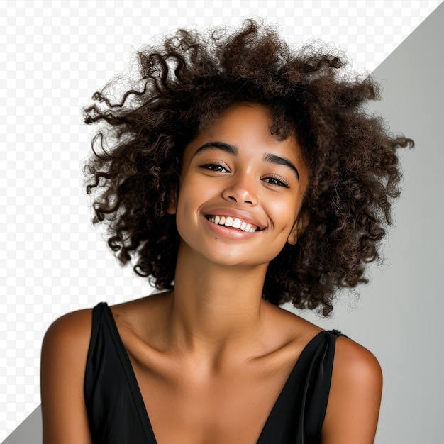 PSD sorprendentemente hermosa joven de apariencia afro sonriendo posando en un estudio de fotos espacio de copia en buen estado de ánimo