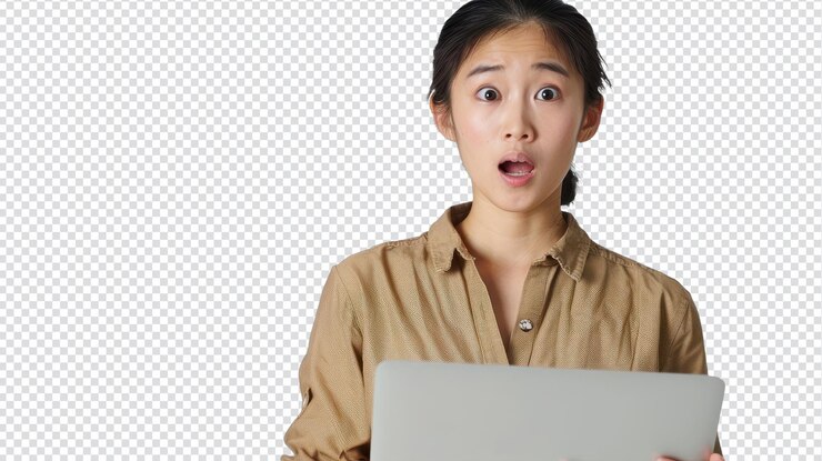 PSD sorprendida mujer asiática con camisa marrón sosteniendo una bolsa de compras para estilo de vida y contexto de marketing