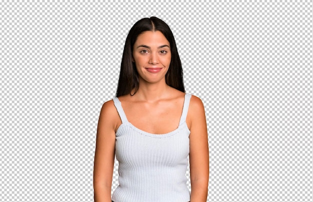 Sorridendo positivamente e con sicurezza, sembrando soddisfatto, amichevole e felice