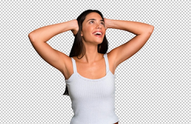 Sorrindo e sentindo-se relaxado satisfeito e despreocupado rindo positivamente e esfriando