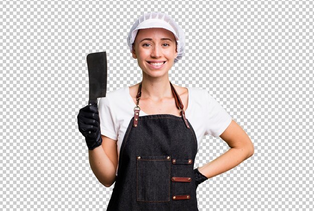 sorrindo feliz com uma mão no quadril e confiante