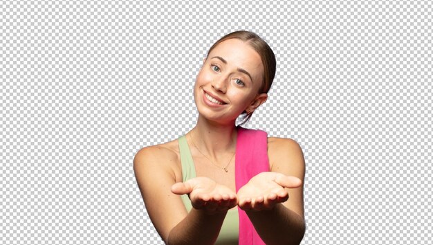 sorrindo felizmente com um olhar amigável, confiante e positivo, oferecendo e mostrando um objeto ou conceito