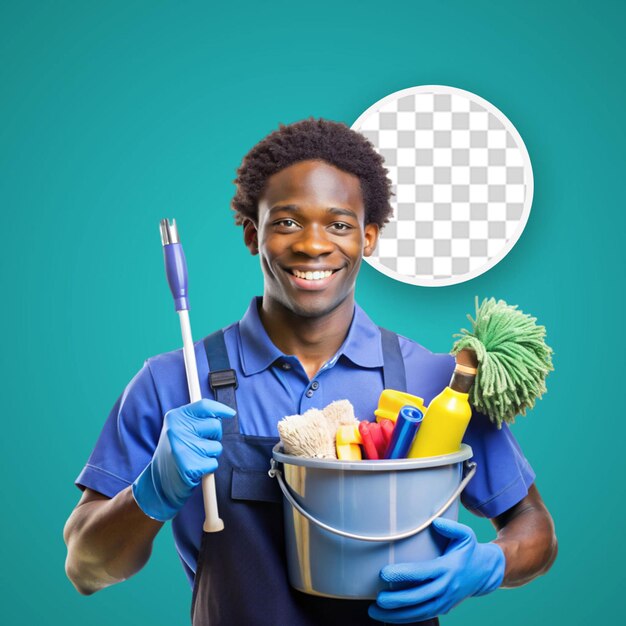 PSD sorrindo segurando e apontando para um balde de ferramentas de limpeza jovem afro-americano limpador homem em uniforme