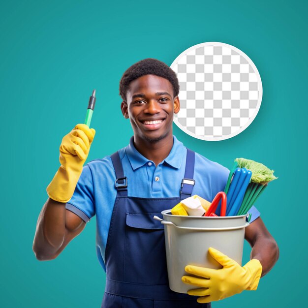 PSD sorrindo segurando e apontando para um balde de ferramentas de limpeza jovem afro-americano limpador homem em uniforme