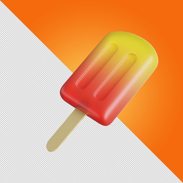 Sorvete vermelho-amarelo no palito Sorvete de frutas no palito de madeira Suco congelado Sobremesa fria de verão Picolés Vista lateral Ícone de sorvete Ilustração 3d Renderização 3d