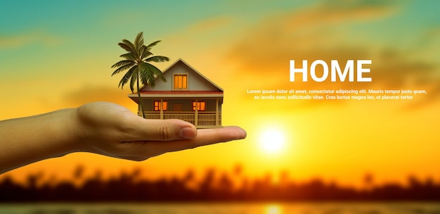 sosteniendo una casa en la palma de su mano al atardecer en el estilo de paisajes realistas fondos