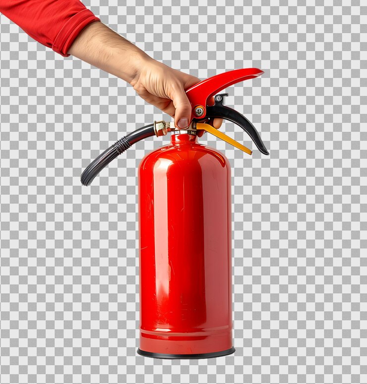 PSD sosteniendo un extintor de fuego en un fondo transparente
