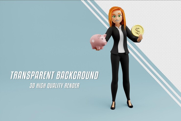 PSD sosteniendo monedas de oro y una alcancía 3d mujer en ropa casual sonriendo pelirroja fondo azul