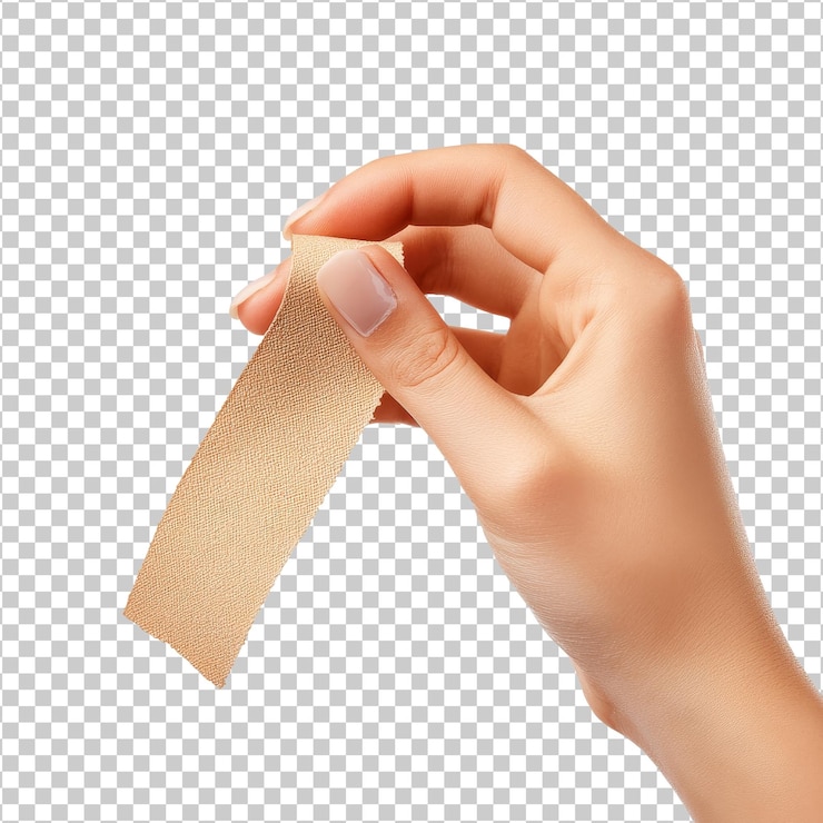 PSD sosteniendo un vendaje adhesivo beige en una mano relajada transparente