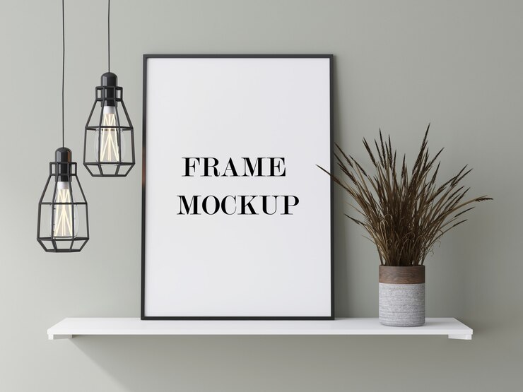 PSD sottile cornice nera appoggiata contro la parete accanto alla pianta secca rendering 3d mockup