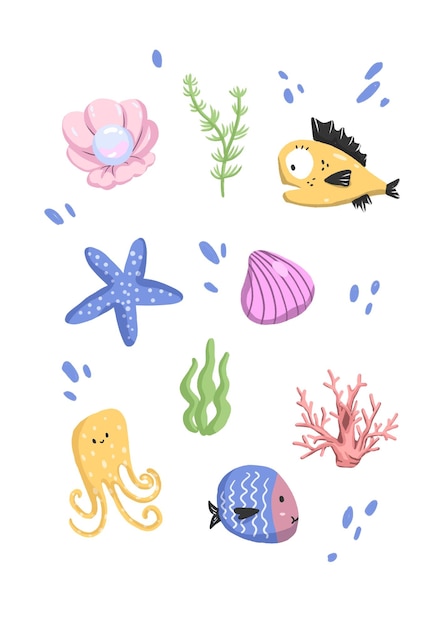 Sotto il mare illustrazione simpatico cartone animato colorato isolato su sfondo bianco