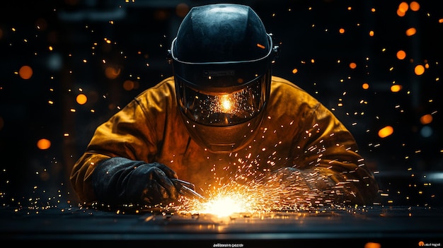 Soudeur concentré dans un équipement de protection entouré d'étincelles provenant du processus de soudage
