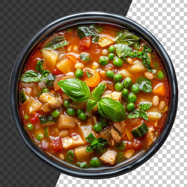 PSD soupe de bouillon de légumes minestrone avec un mélange de légumes de jardin sur un fond transparent