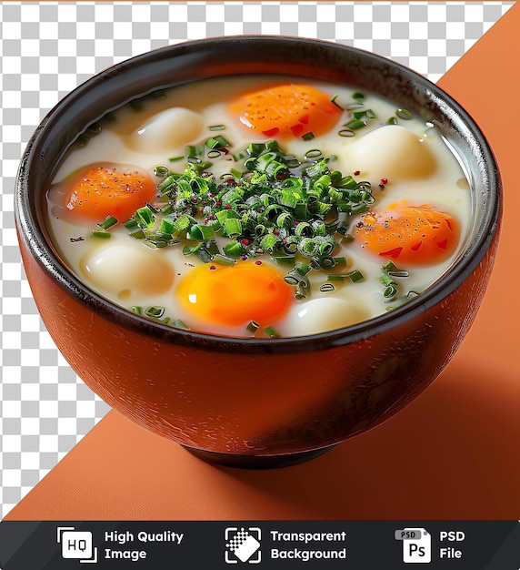 PSD une soupe de chawanmushi avec des carottes et des œufs servie dans un bol sur une table orange avec une ombre sombre en arrière-plan