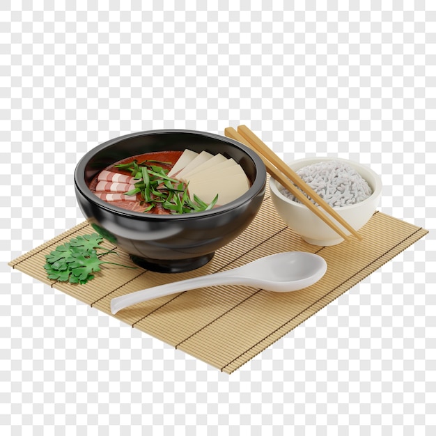 PSD soupe coréenne traditionnelle 3d kimchi avec de la viande garnie de tofu et d'oignons verts vue isométrique