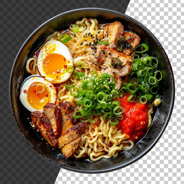 PSD soupe de nouilles de bœuf abondante ramen avec des œufs à la bouille douce et des oignons sur fond transparent png