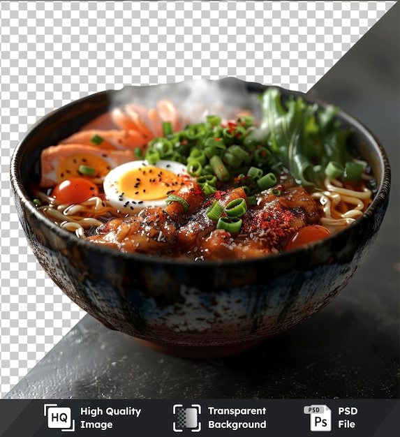 PSD soupe de nouilles sukiyaki avec des carottes tranchées et un œuf frit servi dans un bol noir sur une table noire