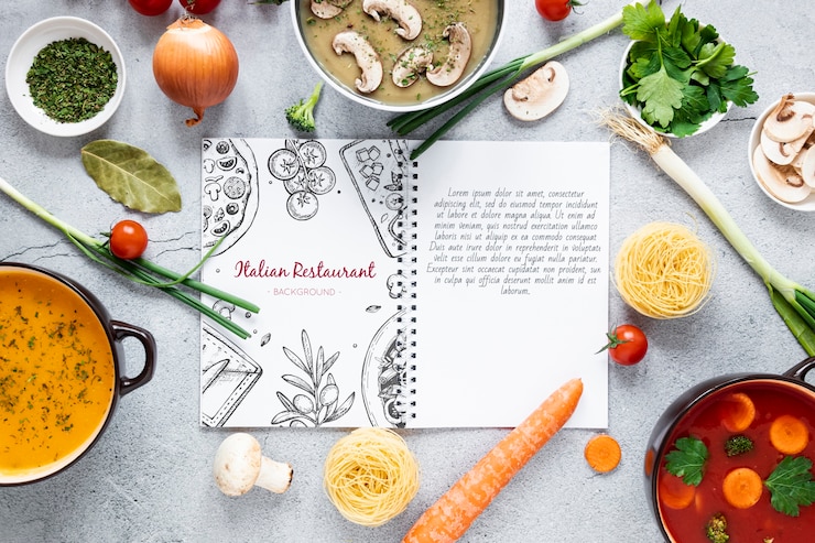 PSD soupe plate avec assortiment d'ingrédients et maquette de recette