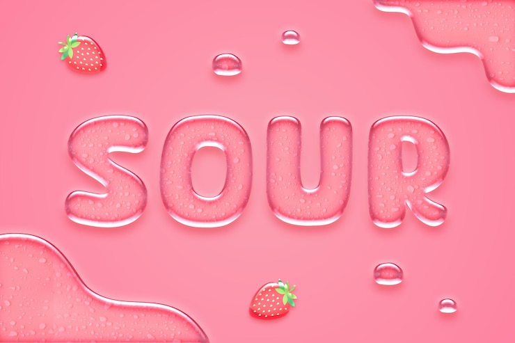 PSD sour candy text effect with strawberries and drops
