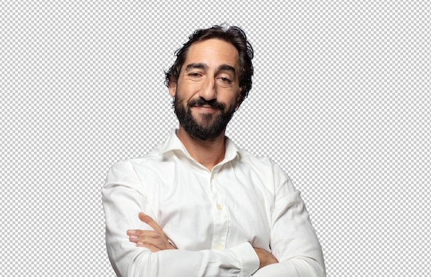 souriant à la caméra avec les bras croisés et une expression heureuse confiante satisfaite vue latérale
