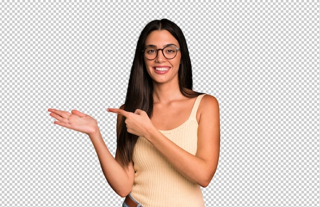 Souriant joyeusement et pointant vers l'espace de copie sur la paume du côté montrant ou annonçant un objet