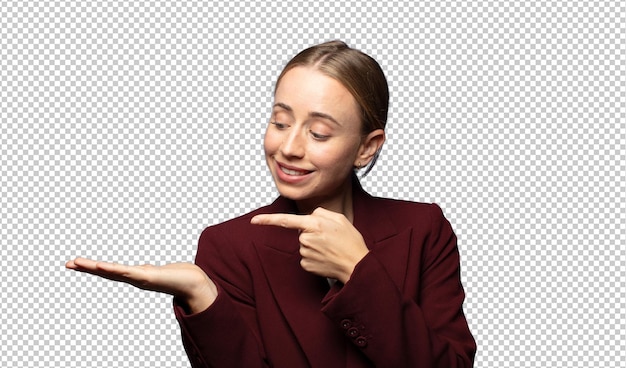 souriant se sentant heureux insouciant et satisfait pointant vers un concept ou une idée sur l'espace de copie sur le côté