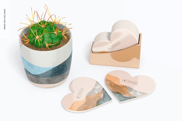 Sous-verres en émail coeur avec maquette de pot de plante