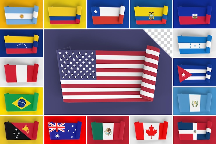 PSD south and north america flags and oceania ribbon banner