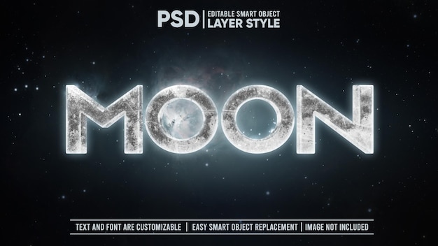 Space Moon Cosmic Glowing Asteroid Rock Efecto de texto de estilo de capa editable en 3D